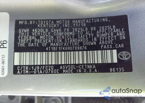 2017 Toyota Camry Le from USA, damaged, VIN 4T1BF1FK6HU709876